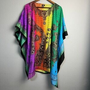 Uniti Casuals Rainbow Paisley One Size Ethnic Caftan Tunic Top Cover Up Colorful